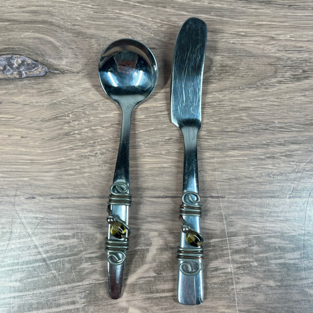Norpro Flatware Set 5 in Silver Wire Wrapped Amber Bead Spreader Spoon